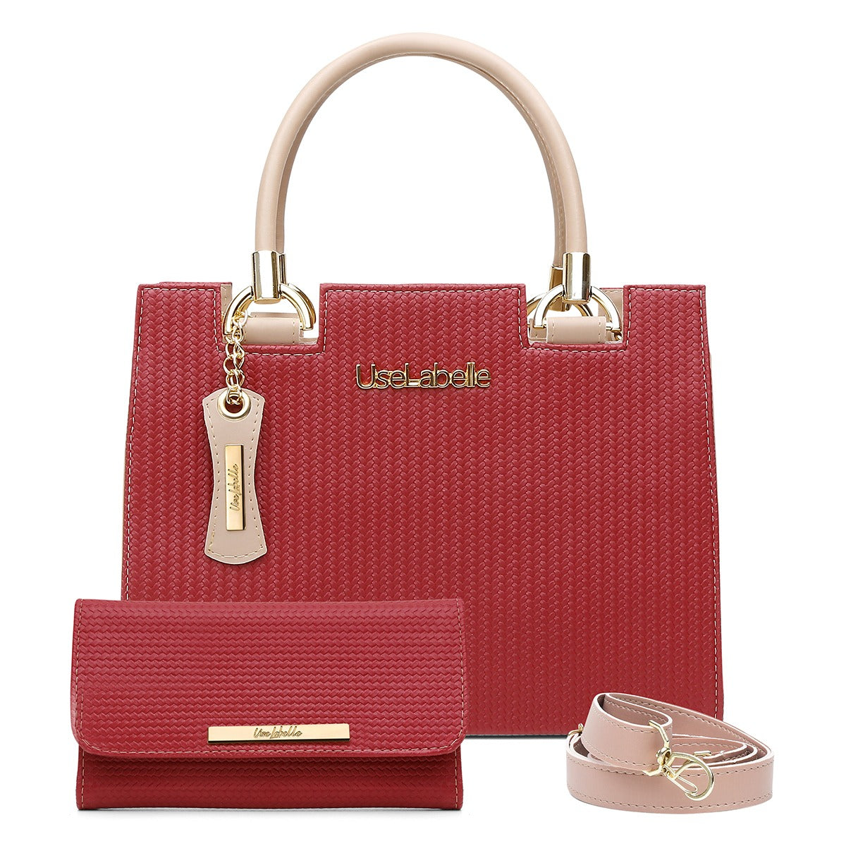 Kit Bolsa Castelo UseLabelle Original + Carteira Soft Luxo + Alça Transversal e Ombro Vermelho/Amendoa