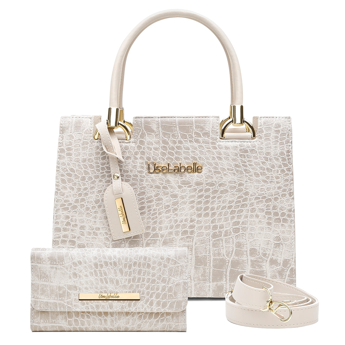 Kit Bolsa Castelo UseLabelle Original + Carteira Soft Luxo + Alça Transversal e Ombro Croco Marfim
